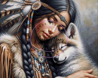 Native American Girl and Wolf Cub Cross Stitch Pattern (Digital PDF)