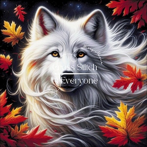 May include: A digital art image of a white wolf with amber eyes, surrounded by red and yellow autumn leaves. The text "Cross Stitch 4 Everyone" is overlaid on the image. The wolf has long, flowing fur.