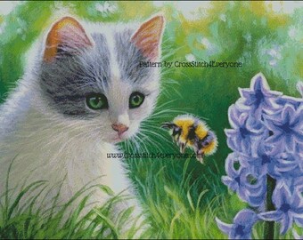 Kitten with bumble bee counted cross stitch pattern digital pdf