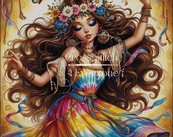 A colorful pretty young  hippie girl counted cross stitch pattern digital pdf