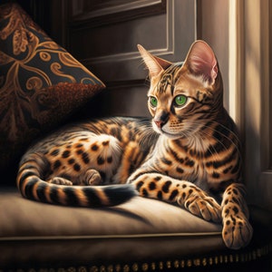 Peut inclure: Un chat Bengal avec un pelage tacheté marron et noir, se reposant sur un coussin marron. Le chat a des yeux verts vifs et est positionné près d'un oreiller décoratif avec un fond sombre et un motif floral doré.
