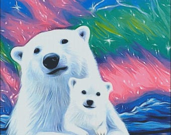Polar bear mom and cub northern lights arctic counted cross stitch pattern PDF