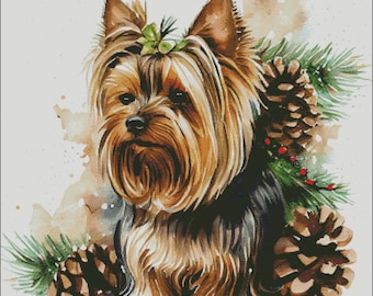 Yorkshire terrier dog yorkie christmas winter scene counted cross stitch pattern digital pdf