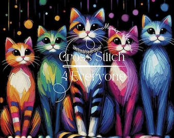 A colorful group of cats super bright fun counted cross stitch pattern digital pdf
