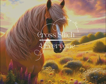 A palomino mustang horse among prairie wildflowers counted cross stitch pattern digital pdf