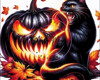 A black cat and spooky jack o lantern Cross Stitch Pattern:  (Digital PDF)