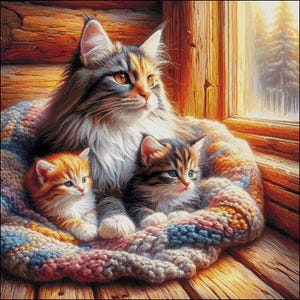 Könnte beinhalten: Drei Katzen, eine Tabby, eine braune Tabby und eine rotbraune Katze, kuscheln sich in einer bunten Strickdecke zusammen. Die Katzen schauen aus einem Fenster und die Sonne scheint durch das Fenster.