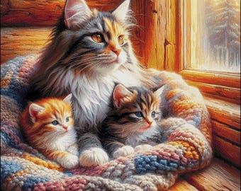 Calico Cat with Kittens Cross Stitch Pattern (Digital PDF)