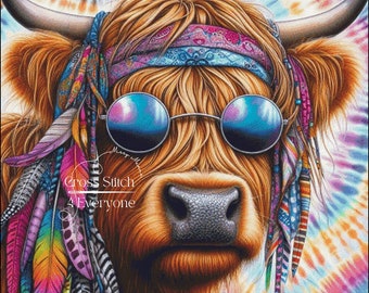 Highland cow hippie style groovy colorful counted cross stitch pattern digital pdf