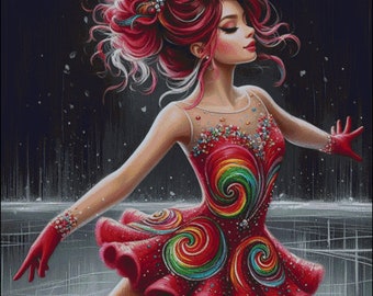 Figure Skater in Red Dress Counted Cross Stitch Pattern (Digital PDF)