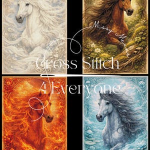 Puede incluir: Cuatro patrones de punto de cruz enmarcados con majestuosos caballos. Un caballo blanco con melena fluida, un caballo marrón en un bosque, un caballo rojo fuego y un caballo gris en el agua. El texto dice "Cross Stitch 4 Everyone."