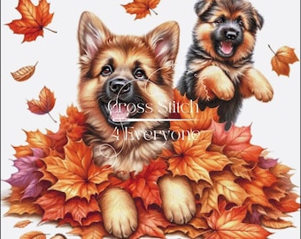 GERMAN SHEPHERD puppies in autumn leaves Cross Stitch Pattern:  (Digital PDF)