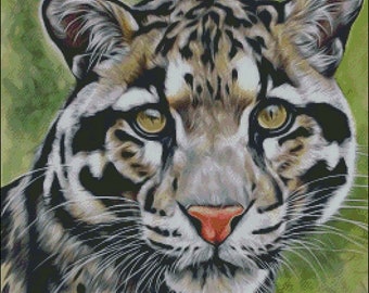 Clouded Leopard big wild cat digital counted cross stitch pattern pdf