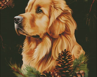 A golden retriever dog christmas winter scene counted cross stitch pattern digital pdf