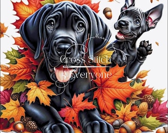 Black Great Dane puppies in autumn leaves Cross Stitch Pattern:  (Digital PDF)