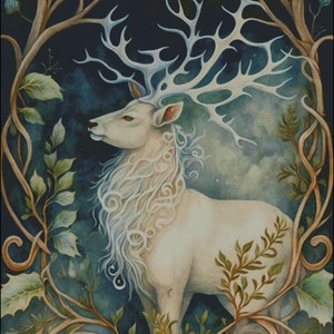White Stag Deer met bloemenaccenten geteld kruissteekpatroon digitale pdf-download