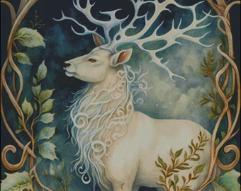 White Stag Deer with floral accents counted cross stitch pattern digital pdf download