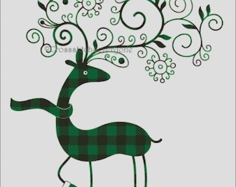 Buffalo Plaid green reindeer christmas holiday counted cross stitch pattern pdf