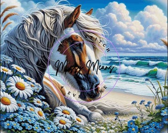 A Chincoteague pony seascape Cross Stitch Pattern:  (Digital PDF)