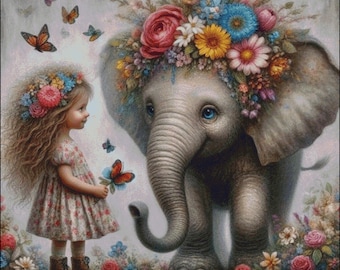 Little Girl with elephant baby boho flowers counted cross stitch pattern digital pdf