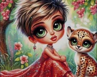 Chibi Woman & Leopard Cross Stitch Pattern (Digital PDF)