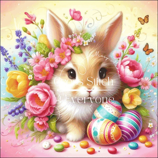 A cute bunny with colorful easter eggs counted cross stitch pattern digital pdf