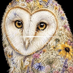 Könnte beinhalten: Ein detailliertes Kreuzstichmuster einer Schleiereule mit herzförmigem Gesicht, umgeben von einer Vielzahl an Wildblumen wie Gänseblümchen, Kornblumen und gelben Sonnenblumen. Der Text Cross Stitch 4 Everyone ist darübergelegt.
