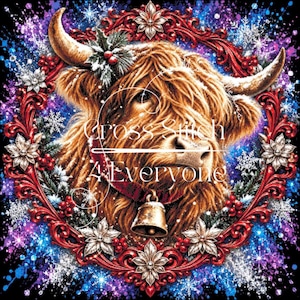 Könnte beinhalten: Ein Hochlandrind mit zotteligem braunem Fell trägt ein rotes Halsband mit einer Messingglocke, umrahmt von einem verzierten roten Rand mit Stechpalmen, Beeren und Schneeflocken. Der Text Cross Stitch A Everyone ist mittig platziert.