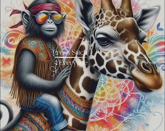 A monkey riding a giraffe wild hippies whimsical counted cross stitch pattern digital pdf