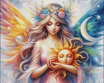 A faerie woman with sun fantasy fairy counted cross stitch pattern digital pdf