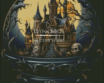 A haunted mansion in a crystal ball counted cross stitch pattern digital pdf