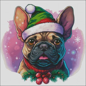 French bulldog frenchie festive holiday santa hat counted cross stitch pattern digital pdf