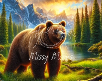 A grizzly bear by a lake counted cross stitch pattern digital pdf