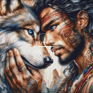 May include: A digital art print featuring a man and a wolf in a close embrace. The man has tattoos and tribal markings. The wolf has blue eyes and is touching the man's face. The text "Cross Stitch 4 Everyone" is visible.