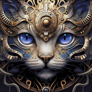 Könnte beinhalten: Eine stilisierte Illustration eines Katzenkopfes mit aufwendigen goldenen und blauen Details im Steampunk-Stil. Die Augen der Katze sind leuchtend blau, und das Design zeigt Zahnräder, Zahnräder und andere mechanische Elemente.