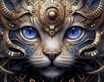 Steampunk theme cat with blue eyes counted cross stitch pattern digital pdf