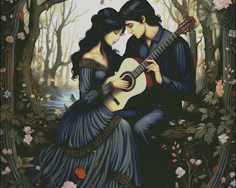 Lovers in the forest with guitar counted cross stitch pattern digital pdf