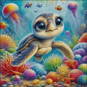 May include: A cartoon turtle with big eyes swims in a colorful underwater scene. The turtle is surrounded by coral, starfish, and jellyfish.