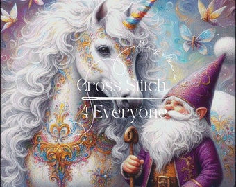 A Gnome and his Unicorn cute fantasy counted cross stitch pattern digital pdf