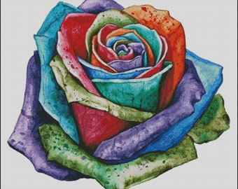 Watercolor rose abstract bright flowers counted cross stitch pattern digital pdf