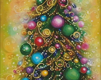 Green Christmas Tree with Ornaments Cross Stitch Pattern (Digital PDF)