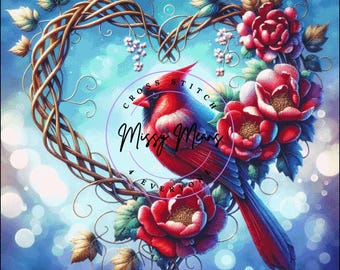 A red cardinal bird vine wreath flowers counted cross stitch pattern digital pdf