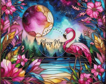 A Pink Flamingo bird colorful counted cross stitch pattern digital pdf