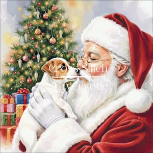 Può includere: Immagine a punto croce di Babbo Natale che tiene in braccio un piccolo cane bianco e marrone, con un albero di Natale e regali incartati sullo sfondo. Babbo Natale indossa un abito e un cappello rossi, con barba e guanti bianchi. Il testo "Cross Stitch for Everyone" è visibile.