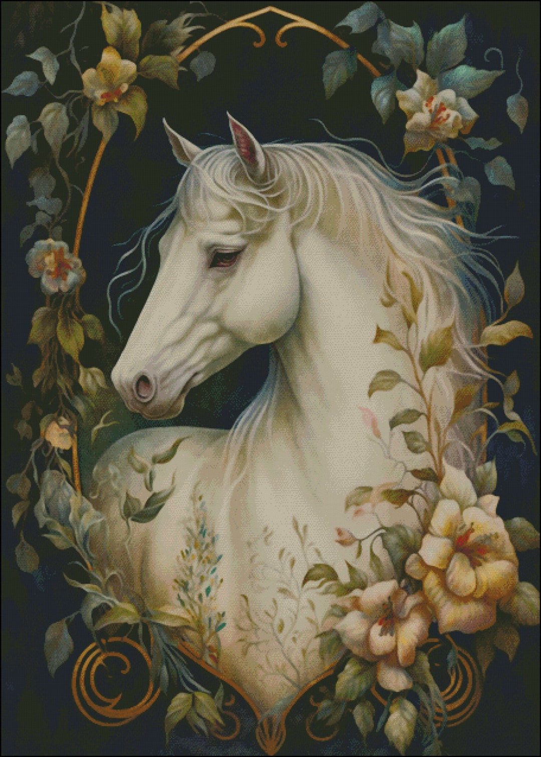 Elegant White Horse With Floral Accents Counted Cross Stitch Pattern ...