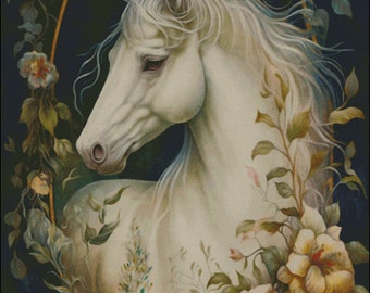 Elegant white horse with floral accents counted cross stitch pattern digital pdf download