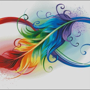 Rainbow colored infinity symbol feather counted CROSS STITCH PATTERN digital pdf