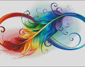 Rainbow colored infinity symbol feather counted CROSS STITCH PATTERN digital pdf