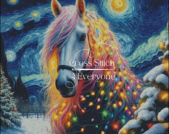 A white horse with christmas lights festive holiday counted cross stitch pattern digital pdf