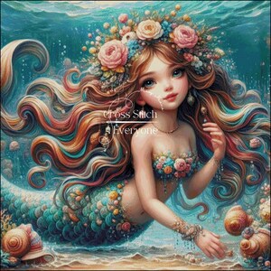 Young mermaid girl fantasy counted cross stitch pattern digital pdf